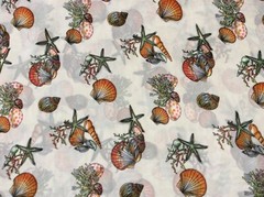 Sea shell sea weed star fish polyester chiffon fabric on beige, 58″ by 20″
