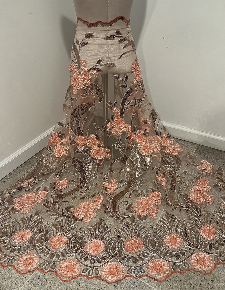 Peach Embroidery Sequins Lace Fabric 50” Width Sold By The Yard