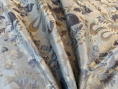 100% Silk Lampas French Pomegranate “whiskey” Blue Tan Gold Historical Design