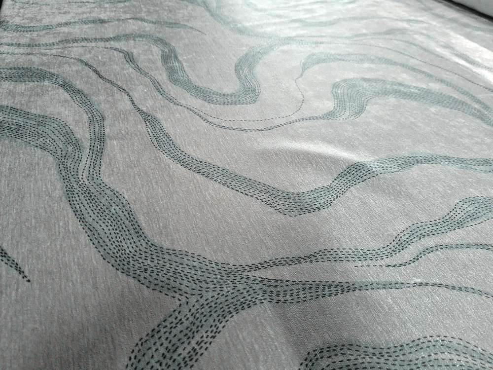 Designer Abstract Silver Gray Pearlescent Velvet WavyTeal Hash Lines BTY Sleek!