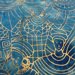 Cotton Quilting Fabric Tribal Print Batik Blue Goddess Gold Outline 3.3 Yd