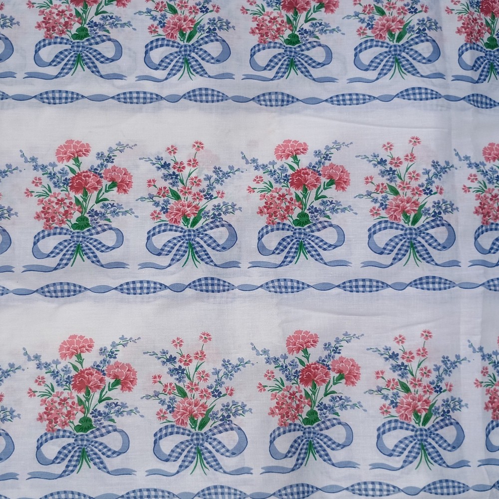 Vintage Floral Fabric White with Blue and Pink Gingham Bows 4 Yards Cottagecore