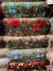 Iris RED Floral and Leaves Embroidery on NUDE Mesh Lace Fabric by the Yard – 10