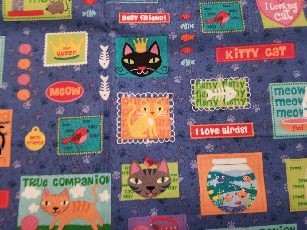 2 Yds x 44″ W – HERE KITTY KITTY Fabric 12765 Cats Fish Meow Novelty Print