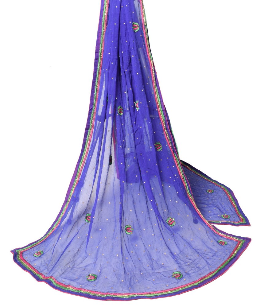 Sushila Vintage Blue Scrap Dupatta Pure Chiffon Stone Glass Beads Work LongStole