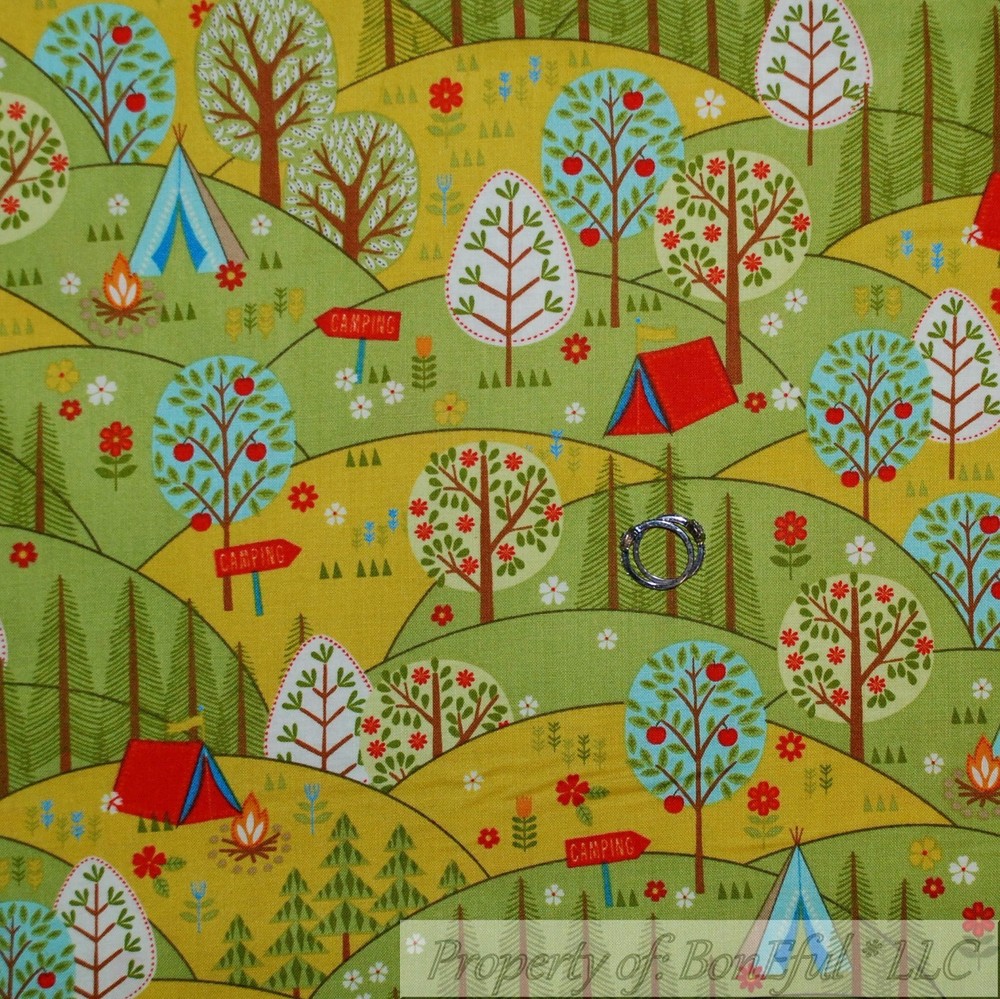 BonEful Fabric FQ Cotton Quilt Green Apple Tree Red Camping Tent White Flower US