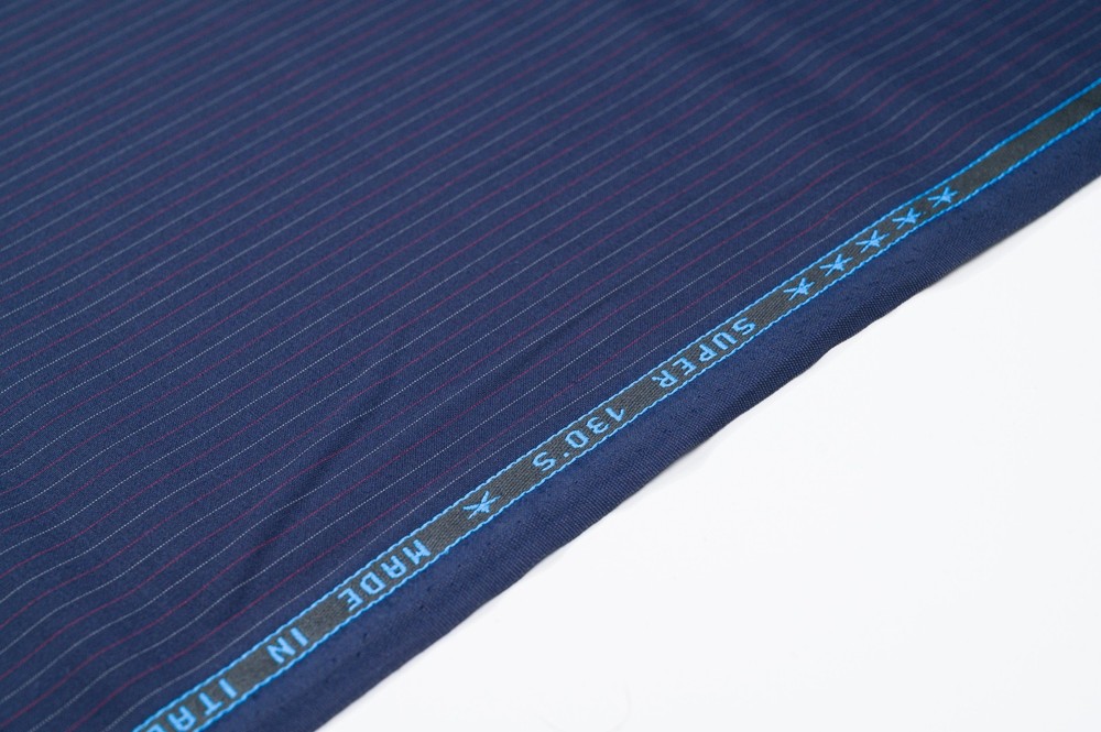 Vintage Drago Super 130’s Wool – 2.4m – 240g – Navy Pinstripe w/ Burgundy & Azur