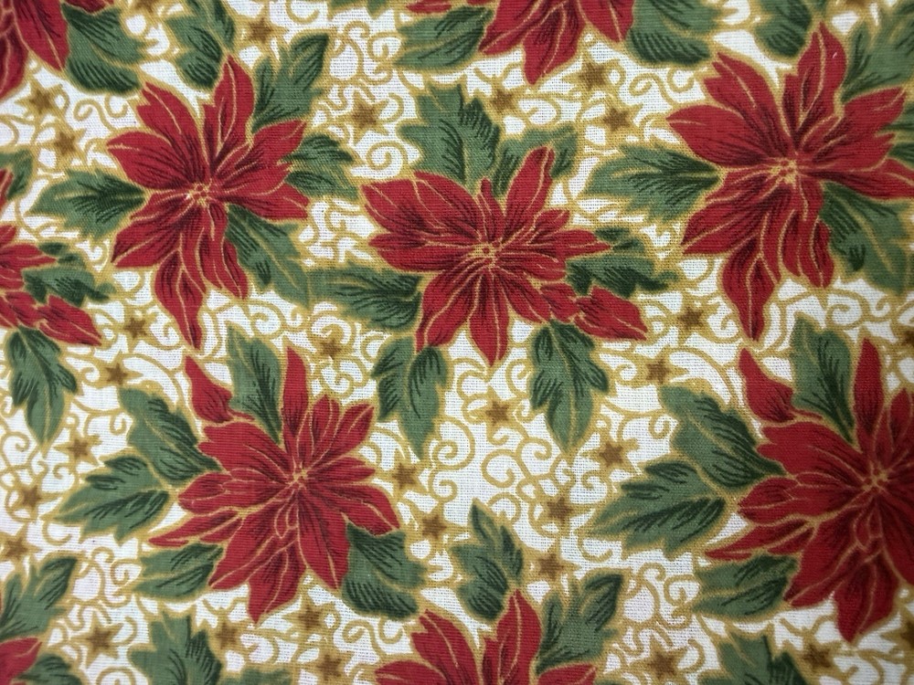VTG Poinsettia with Metallic Gold on Cream Cotton Christmas Holiday Quilt Fabric
