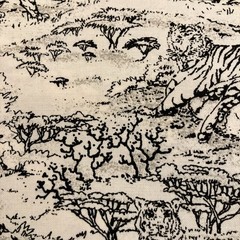 Classic Cottons Tigers Elephants Toile Black White Print Cotton Fabric 4 Yards