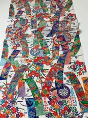 Vintage Japanese kimono silk fabric / white base, floral Tanzaku AB30