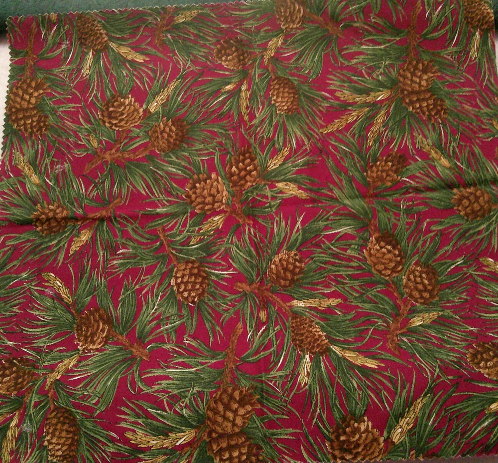 Fabric Benartex “I Pine For You” Brown Pine Cones Dark Green Needles Maroon $2