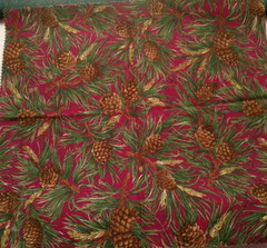 Fabric Benartex “I Pine For You” Brown Pine Cones Dark Green Needles Maroon $2