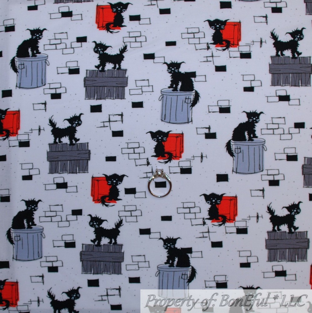BonEful FABRIC FQ Cotton Quilt VTG White Black B&W Gray Cat Brick City Trash*Can