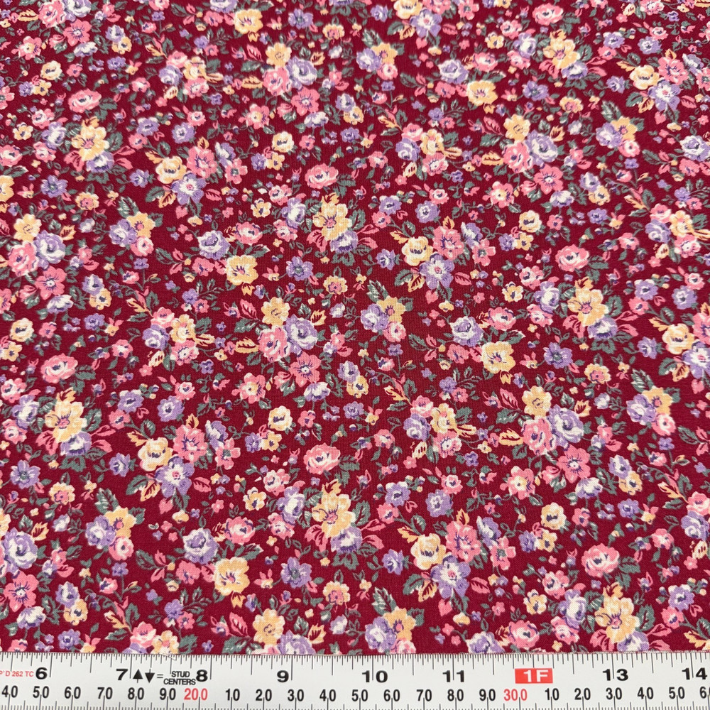 Vintage Peter Pan Fabrics Florals on Burgundy Cotton Fabric Remnant 17″ x 44″