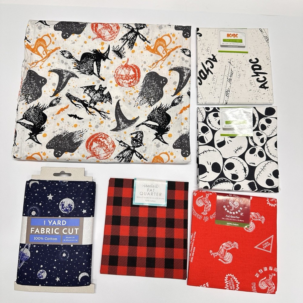 Fabric Lot/6 -(2) Mixed Yards & (4) Fat Quarters 100% Cotton Halloween AC/DC+