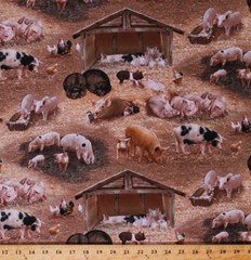 Cotton Pigs Piglets Barns Farm Animals Cotton Fabric Print by the Yard D362.10
