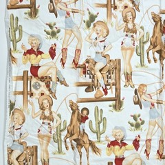 Alexander Henry Back In The Saddle 2008 Pinup Cowgirls White Fabric 2.6YD WASHED