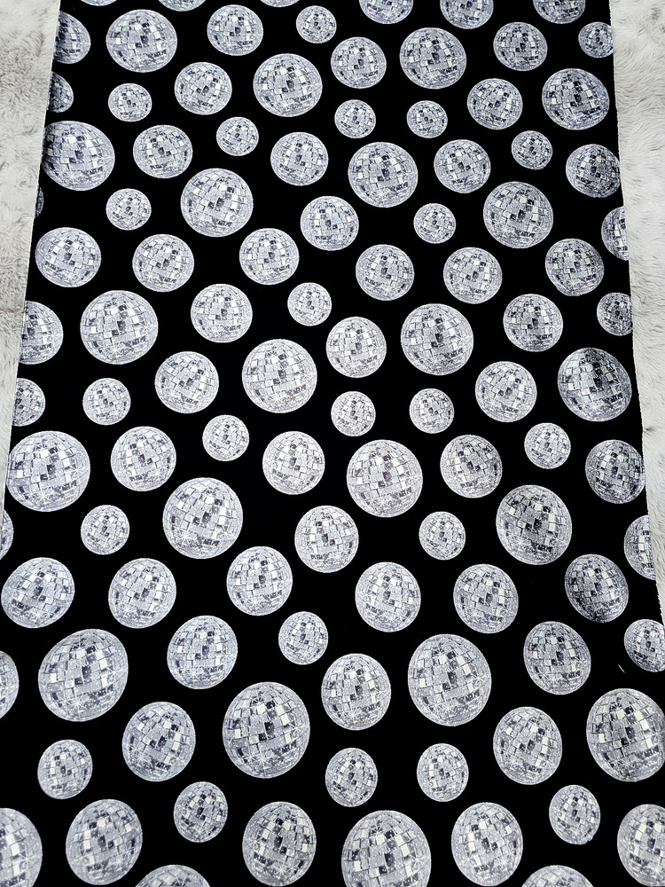 NEW Silver Disco Balls Dance on Black Cotton Sold By The Yard – Nice!