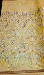 Iridescent Yellow /Hol Silver Stretch Spandex Mesh Sequin Fabric “Aztec Tribal” 