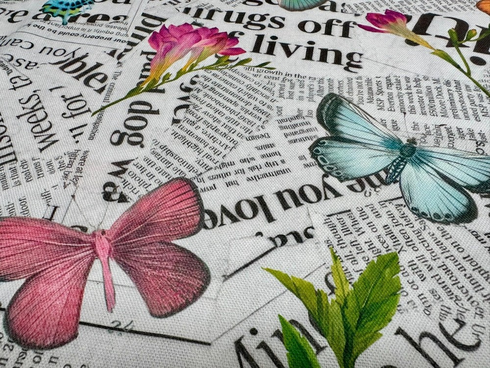 Butterfly & Newspaper Digital Print Fabric Home Decor Curtain Cushion 140cm Wide