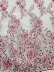 Mauve Lace 3d Floral Design Embroidered Mesh 3d Lace Fabric By The Yard Pearls