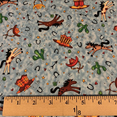 Giddyup Fabric By Kari Pearson For Quilting Treasures Horses Hats Boots Blue BTY