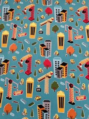 Riley Blake Construction Cranes and Sky Scrappers Cotton Fabric on Blue bt1/2 yd