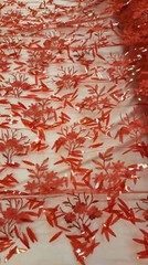 3d Sequin Lace Red Embroidered floral flowers on Mesh fabric sold by the yard