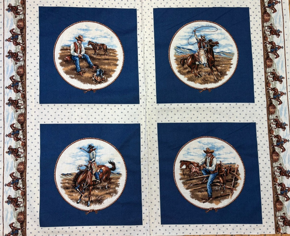 COWBOYS IN THE WILD WEST 4 BLOCK PANEL ON BLUE BY VIP CRANSTON, 35″Hx44″W