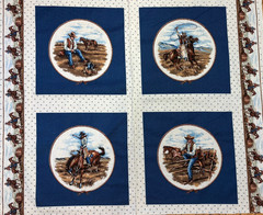 COWBOYS IN THE WILD WEST 4 BLOCK PANEL ON BLUE BY VIP CRANSTON, 35″Hx44″W