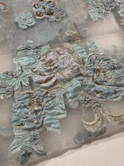 Aqua Gold Embroidered Lace Fabric Sheer Mesh Floral Remnant 22×54