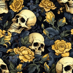 Skull motifs and yellow roses Printed Cotton Fabric By The Yard