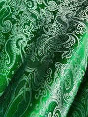Emerald Green & Silver Paisley – Faux Silk Brocade Jacquard Fabric