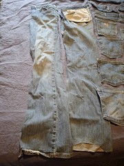 Scraps Of Blue Jeans 6 Back Pockets 4 Front Pockets 3 Zippers 6 Legs