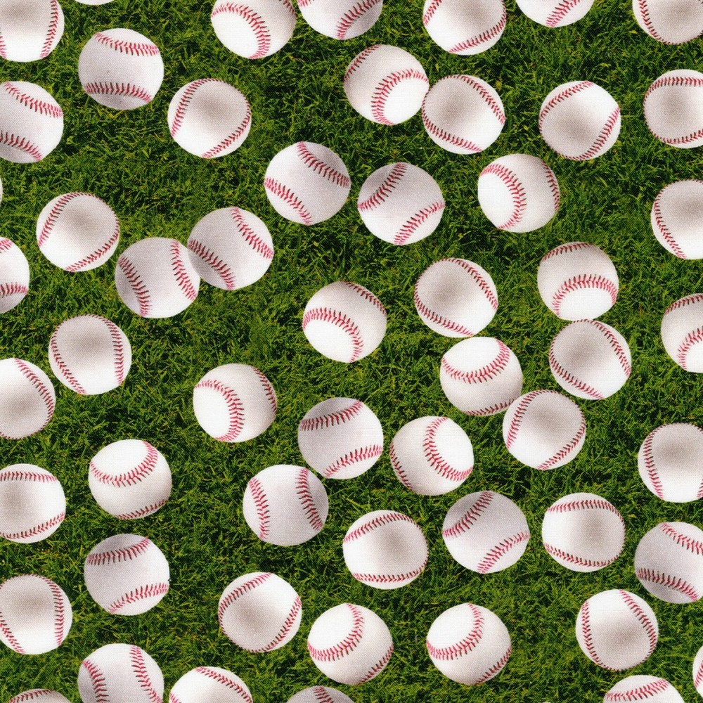 Fabric Baseball on Green grass on KAUFMAN Cotton 1/4 Yard 3347