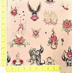 AH53 Skin Deep Tattoos Skulls Dice Tiger Vice Pink COOL Poplin Cotton Fabric