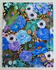 Cotton Fabric Pic C – Bright Colors Flowers and Feathers- 13 3/4″ L x 10 3/4″ W