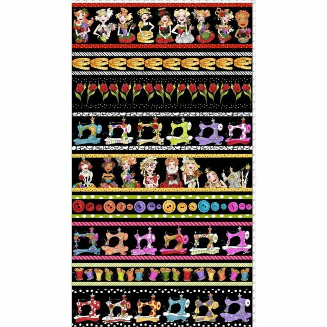 Loralie Harris Sew Curious Machine Button Border Black Cotton Fabric By The Yard