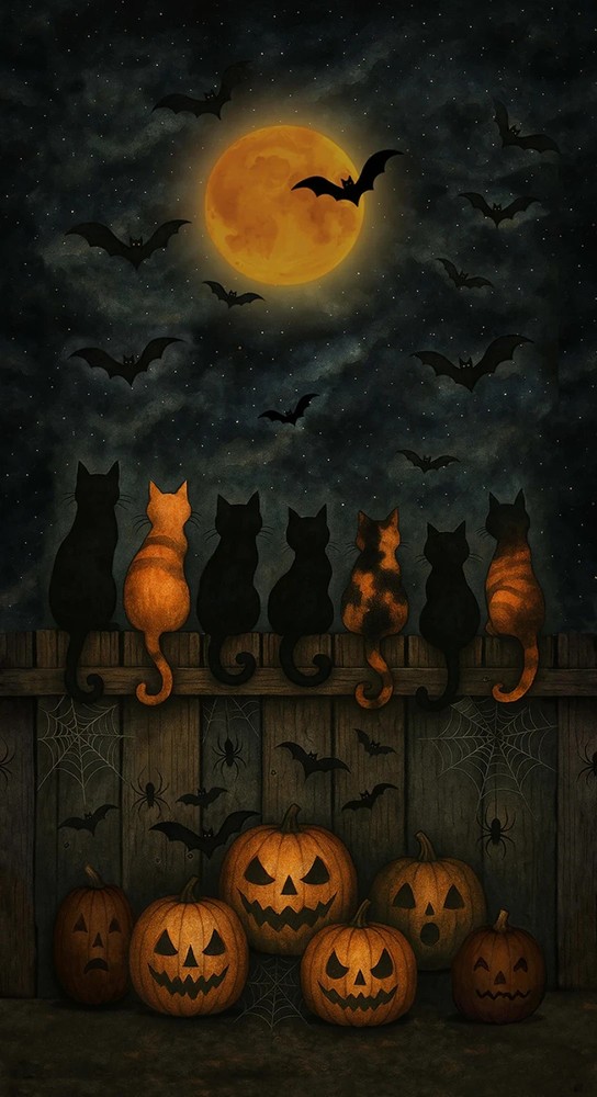 Feline Drive Fabric FELINE SPOOKY Scaredy Cat Fence Slate – Sold by the PANEL