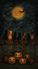 Feline Drive Fabric FELINE SPOOKY Scaredy Cat Fence Slate – Sold by the PANEL