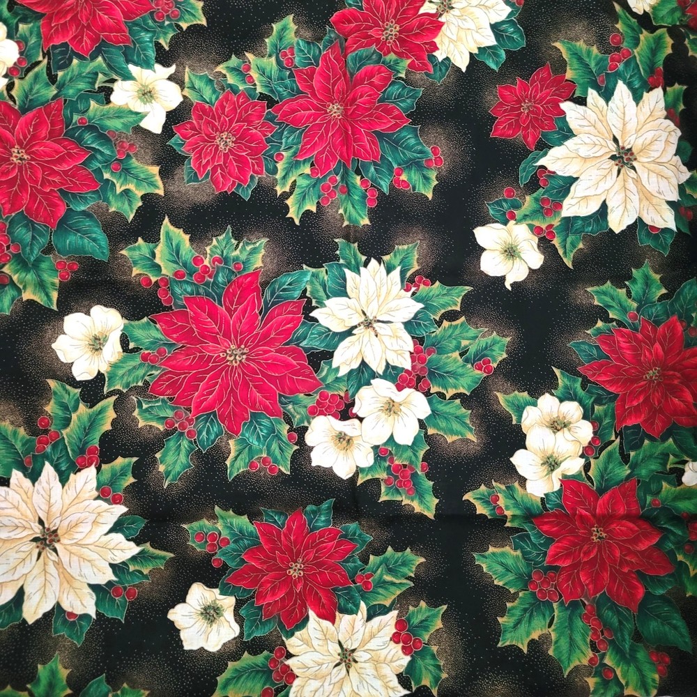 1 Yd 22″ x 58″ Poinsettias &Holly Gold Accent on Black Fabric Cranston V. I. P.