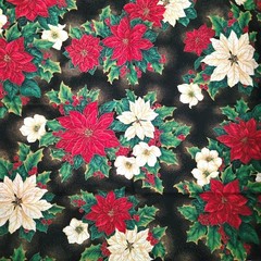 1 Yd 22″ x 58″ Poinsettias &Holly Gold Accent on Black Fabric Cranston V. I. P.
