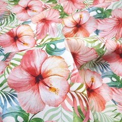 Blush Pink Hibiscus Tropical Palms Hawaiian Cotton Fabric 44″ BTY Summer DIY