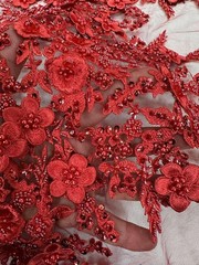 3D Floral Lace Fabric Luxury Red Beaded Embroidered Bridal Evening Dress