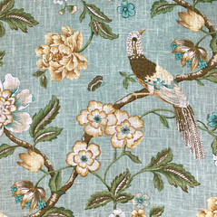 3/4 Yard Cut Jaclyn Smith Bird and Floral Sea Green Home Decor Fabric