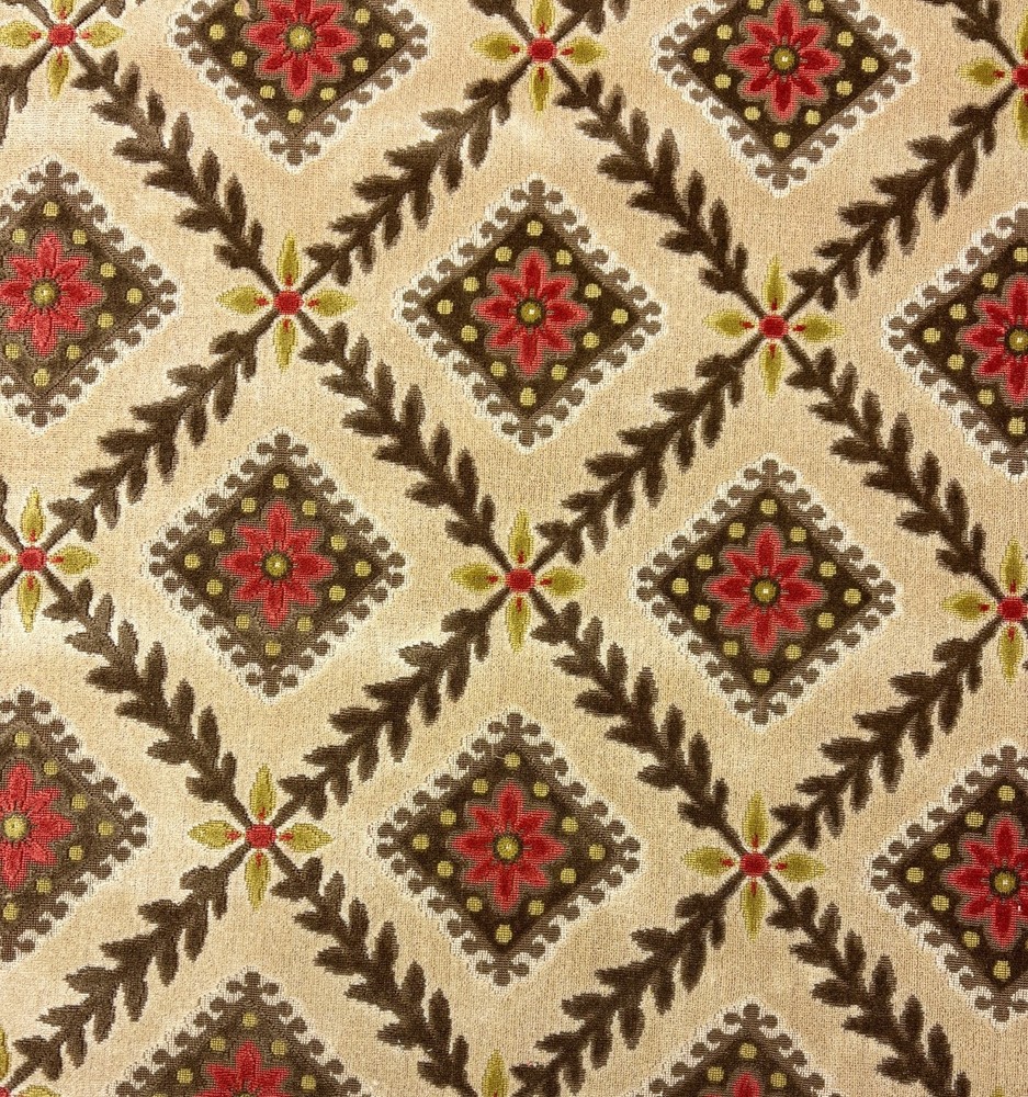 DESIGNER FLORAL ROSETTE VELVET BEIGE RED GEO FLORAL VINE FABRIC 2 YARD 43″W