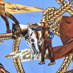 West Cowboys Indians Horses Brown Blue Shamash & Sons 5540 Cotton Fabric 1.2+ YD