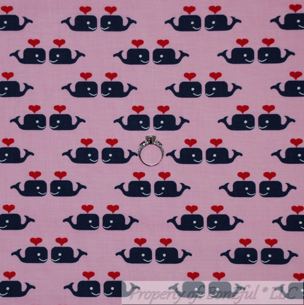 BonEful Fabric FQ Cotton Quilt PINK White Baby Girl Blue Whale Red Heart Stripe