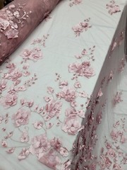 Fabric Sold By The Yard 3d Floral Lace Dusty Rose Embroidery PEARLS Bridal Quinc