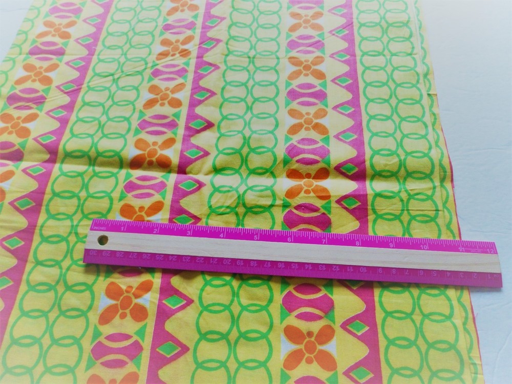 Geometric stripe print-cotton polyester pink, green, orange on yellow-42″ x 32″